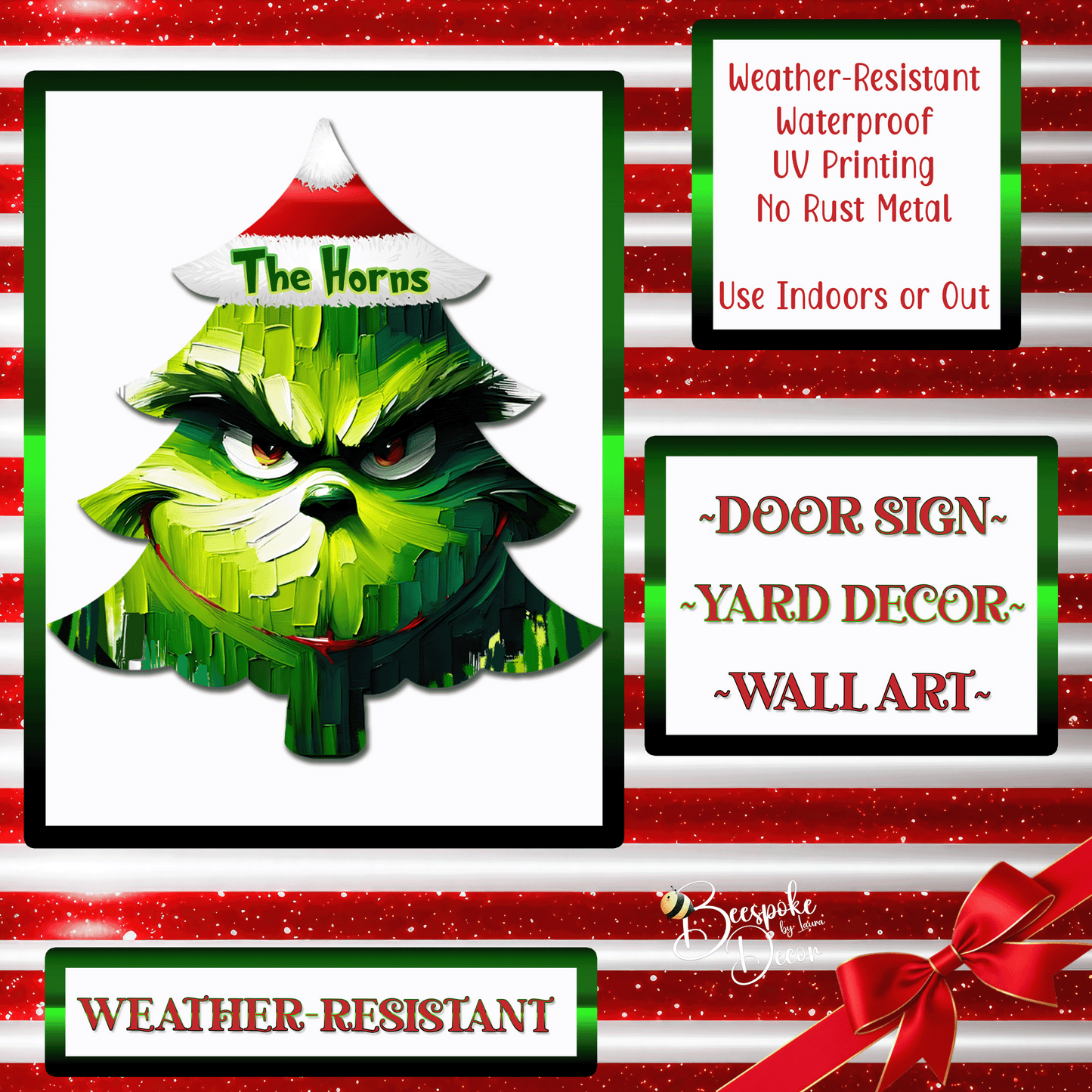 Grinch Face Tree Door Sign / Christmas Thief Decoration / PERSONALIZED Grinch Wreath / Faux Grinch Portrait / Tree Shape Holiday Decor