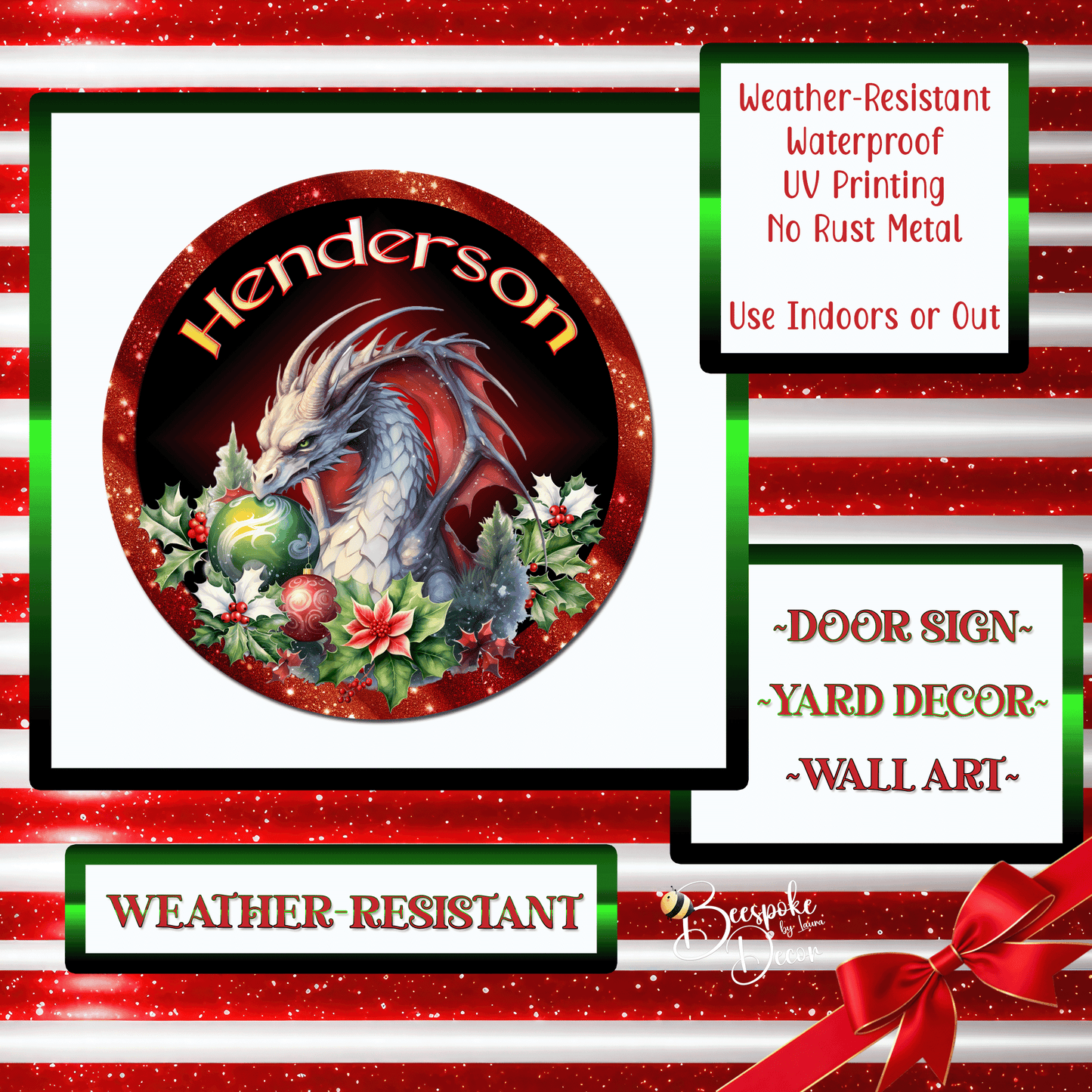 Christmas  Dragon Sign / Personalized / Dragon Welcome / Holiday Dragon Wreath / Christmas Dragon Door Hanger / Gift for Gamer / D&D