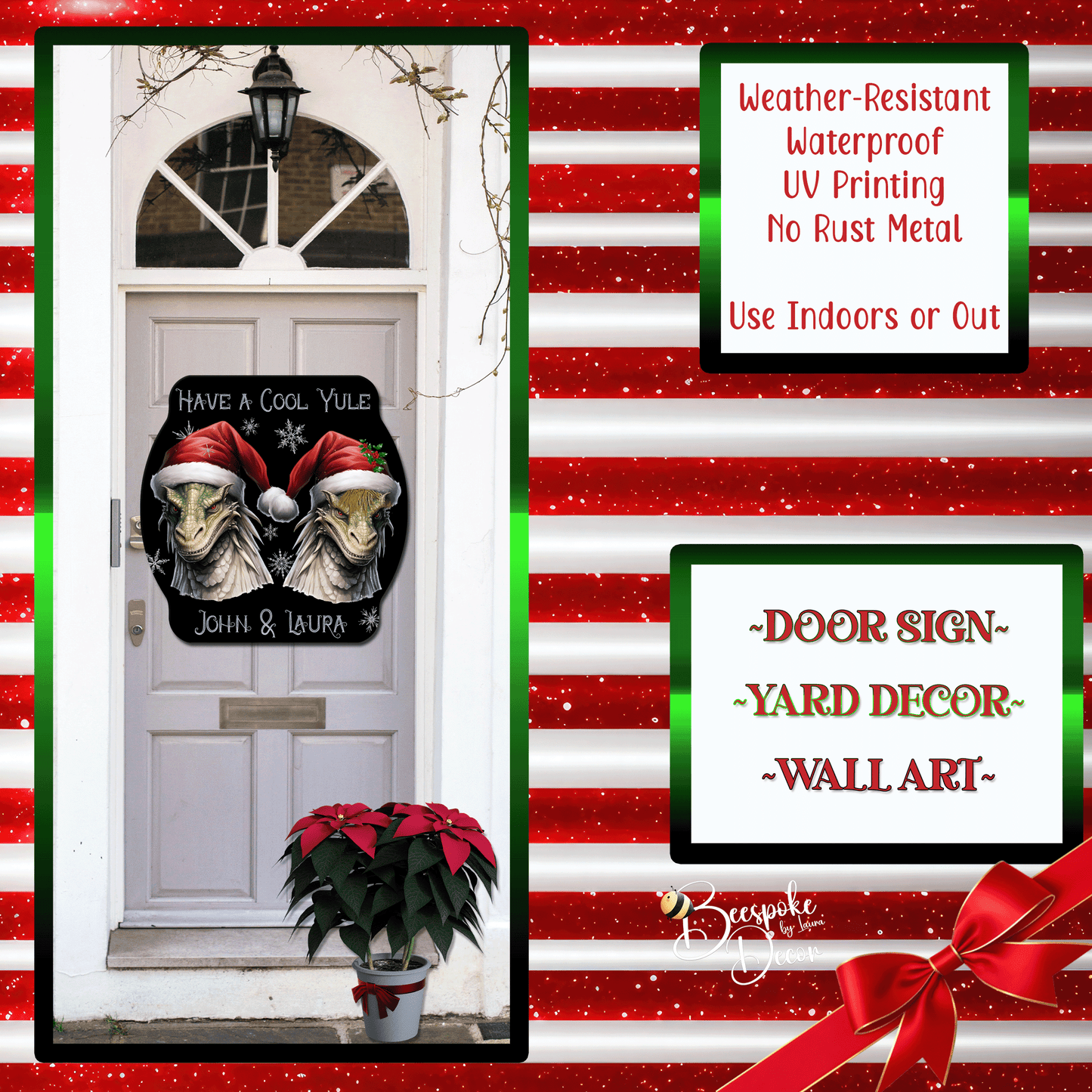 Christmas  Dragon Sign / Personalized / Dragon Welcome / Holiday Dragon Wreath / Christmas Dragon Door Hanger / Gift for Gamer / D&D