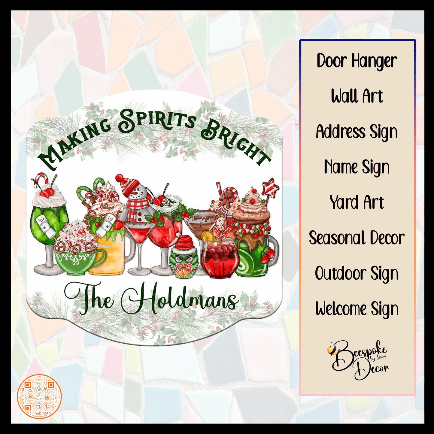 Holiday Spirits Bar Sign / Christmas Yard Art / Christmas Wreath / Christmas Spirit Decorations / Holiday Party Decor / Custom